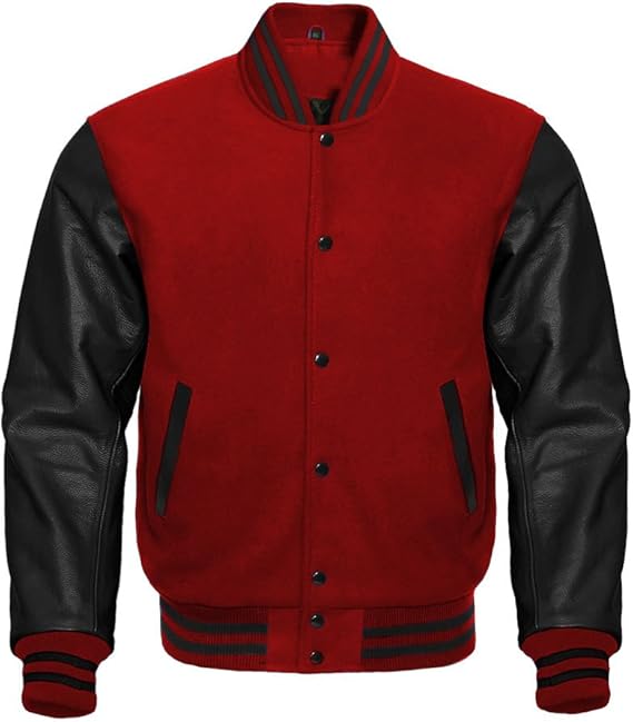 Varsity Premium Quality Plain Red Polyester Body & Black PU Sleeve Jacket