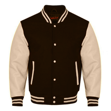 Load image into Gallery viewer, Varsity Premium Quality Plain Brown Polyester Body &amp; Tan PU Sleeve Jacket
