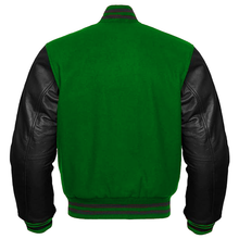 Load image into Gallery viewer, Varsity Premium Quality Plain Green Polyester Body &amp; Black PU Sleeve Jacket
