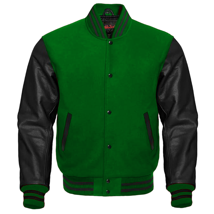 Varsity Premium Quality Plain Green Polyester Body & Black PU Sleeve Jacket