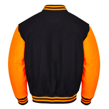 Load image into Gallery viewer, Varsity Premium Quality Plain Black Polyester Body &amp; Orange PU Sleeve Jacket
