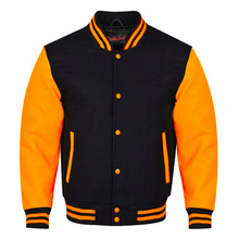 Load image into Gallery viewer, Varsity Premium Quality Plain Black Polyester Body &amp; Orange PU Sleeve Jacket
