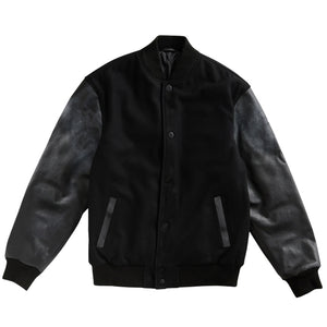 Varsity Premium Quality Plain Black Polyester Body & Black PU Sleeve Jacket