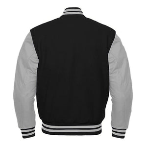 Varsity Premium Quality Plain Black Polyester Body & Grey PU Sleeve Jacket