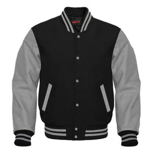 Varsity Premium Quality Plain Black Polyester Body & Grey PU Sleeve Jacket