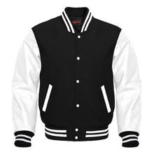 Load image into Gallery viewer, Varsity Premium Quality Plain Black Polyester Body &amp; White PU Sleeve Jacket
