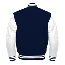 Load image into Gallery viewer, Varsity Premium Quality Plain Navy Blue Polyester Body &amp; White PU Sleeve Jacket
