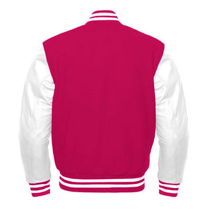 Varsity Premium Quality Plain Pink Polyester Body & White PU Sleeve Jacket