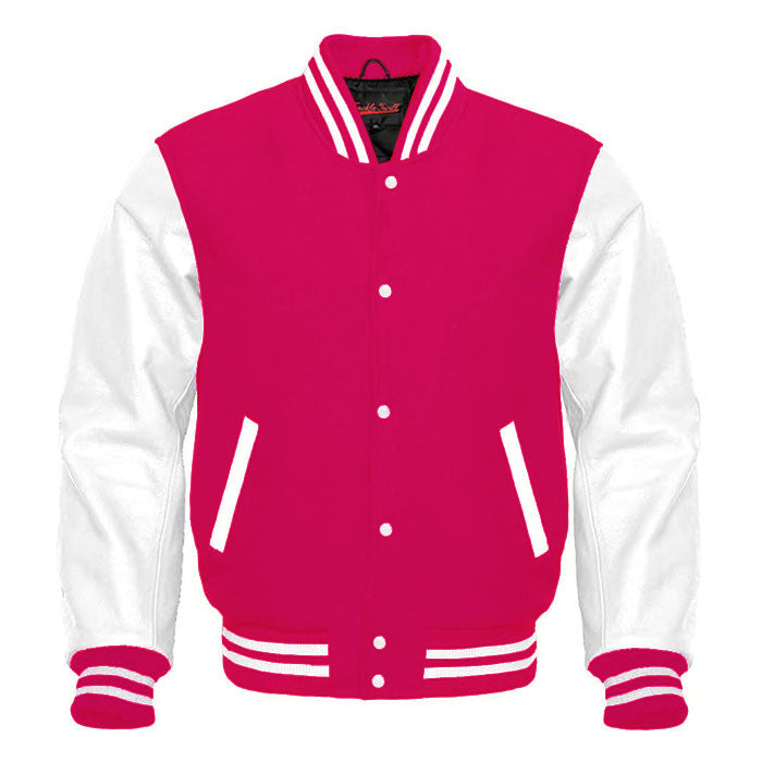 Varsity Premium Quality Plain Pink Polyester Body & White PU Sleeve Jacket