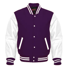 Load image into Gallery viewer, Varsity Premium Quality Plain Purple Polyester Body &amp; White PU Sleeve Jacket
