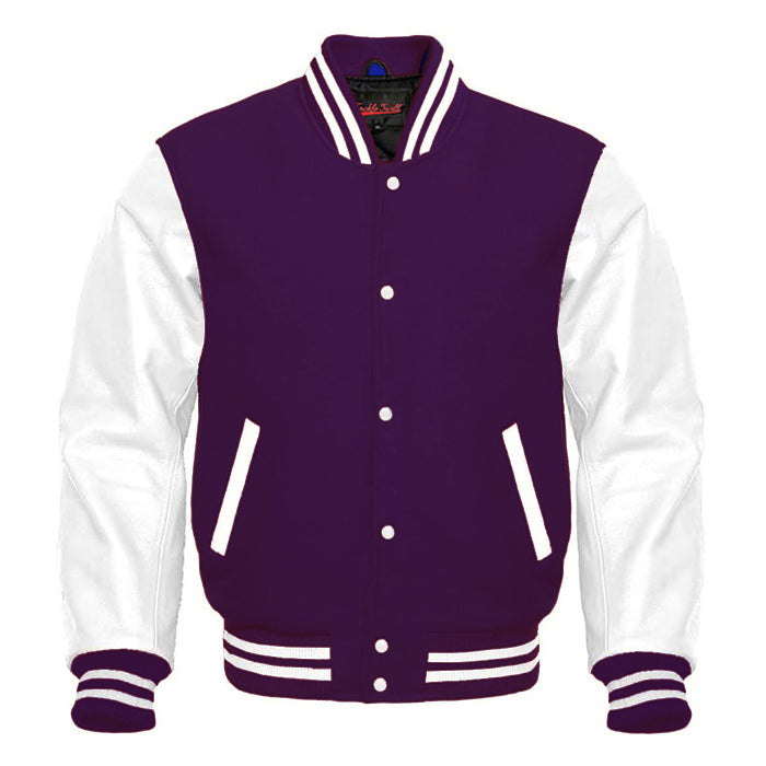 Varsity Premium Quality Plain Purple Polyester Body & White PU Sleeve Jacket