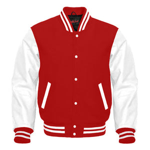 Varsity Premium Quality Plain Red Polyester Body & White PU Sleeve Jacket