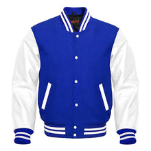 Load image into Gallery viewer, Varsity Premium Quality Plain Royal Blue Polyester Body &amp; White PU Sleeve Jacket
