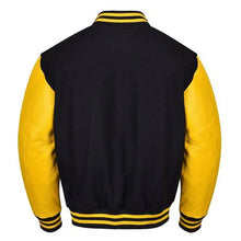 Load image into Gallery viewer, Varsity Premium Quality Plain Black Polyester Body &amp; Yellow PU Sleeve Jacket
