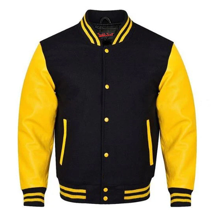 Varsity Premium Quality Plain Black Polyester Body & Yellow PU Sleeve Jacket