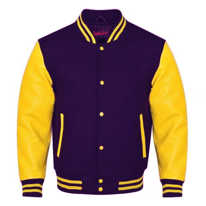 Varsity Premium Quality Plain Purple Polyester Body & Yellow PU Sleeve Jacket